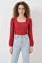 Women's Round Neck Embossed Fabric Red Blouse - 6