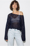 Women's Navy Blue Boat Neck Sequined Mesh Textured Bat Sleeve Crop Blouse 2765 60286345