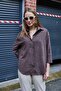 Women's Striped Oversize Satin Suede Soft Textured Shirt Brown - 3