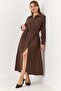 Women's Buttoned Belted Long Dress Brown