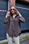 Women's Striped Oversize Satin Suede Soft Textured Shirt Brown - 4