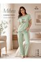 Mihra Women's Short-Sleeved, Long-Bottomed, Green Pajama Set, 100% Cotton, Soft Textured, Breathable Home Wear