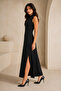 Women's Black Oysho Fabric High Collar Slit Basic Black Midi Evening Dress 77161 - 7