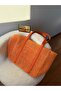 Women's Orange Bonjour Straw Tote Bag - Large Size Shoulder Bag with Tan Leather Strap - 4