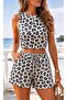 Women's Open Shoulders, Crew Neck, Patterned Diver Crop Blouse and Short Two-Piece Set