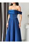 Navy Blue Low Sleeve Stone Embellished Underwire Long Evening Dress - 6