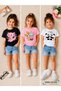 Summer Milk Drinking Cats and Double Panda Printed Girls' Black, White, Pink Colors 3-Piece T-Shirt Set - 2