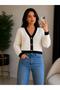 Women's V-Neck Buttoned Striped Short Crop Jacket-Cardigan
