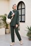 Long Back Cycling Collar Top and Elastic Sleeve Pants Set -Khaki - 5