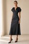 Women's Satin Fabric V-Neck Design Midi Black Dress 77167 - 5