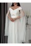 White Pleated Sleeve Detailed Strapless Evening Dress - 5