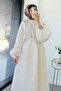 Premium Collar Gathered Balloon Sleeve Voile Dress - Ecru - 4