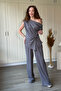 Off-Shoulder Front Knot Detailed Asymmetrical Wide-Leg Gray Suit - 4
