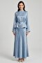 High Collar Tie-Back Detailed Blouse & Flared Maxi Skirt - Satin Set - 7