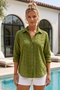 Pine Green Shirt Collar 3/4 Sleeve Buttoned Embroidered Casual Cotton Woven Shirt 70 64 - 4