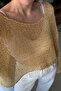 Sequined Openwork Knit Boat Neck Yellow Crop Blouse - 3