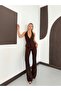 Women's Brown V-Neck Halter Top and Pants Double Set - 4