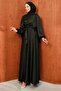 Black Waist Belted Patterned Satin Evening Dress