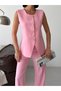Women's Gold Button Detailed Vest and Trousers Two-Piece Set-Pink - 4