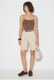 Women's Beige High Waist Pleated Detailed Belted Bermuda Shorts Yp5439 60286406 - 4