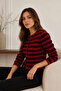 Women's Burgundy Buttoned Long Sleeve Striped Knitwear Cardigan - 6