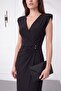 Women's Black Double-Breasted Collared Knitted Midi Event Dress - 3