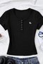 Button Black Snap Fastener Round Neck Ribbed Embroidered Lycra Body-Fitting Premium Short Sleeve Blouse - 4