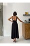 Crep Women's Square Neck Maxi Dress with Straps Sandy Fabric Flared Cut Black Dress - 5