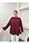Women's Crew Neck Wide Cut Tunic with Double Folded Sleeves and Side Slits 9086 - Plum - 4