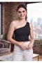 Women's Black One-Shoulder Diver Bustier Crop Top, Flexible and Stylish Design - 5