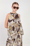 Women's Patterned Tie-Neck Sleeveless Blouse - Khaki - 4