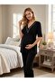 New Season Black Piping Detailed Buttoned Design Short Sleeve 100% Cotton Maternity Pajama Set - 6