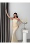 Beige Strapless Stone Embellished Underwire Lace Evening Dress with Gloves - 4