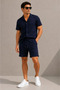 Men's Crepe Fabric Breathable Short Sleeve Shirt Pocket Shorts Top and Bottom Set - Navy Blue