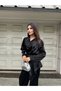 Black Shawl Detailed Satin Tie-Back Blouse and Shalwar Trousers Set - 1381 - 5