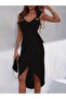 Women's Strappy V-Neck Bird Eye Detailed Side Tie Midi Viscose Dress