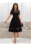 Women's Short Sleeve Crew Neck Polka Dot Tulle Detailed Midi Janjan Crepe Dress - 2