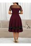 Women's Short Sleeve Crew Neck Polka Dot Tulle Detailed Midi Janjan Crepe Dress - 3