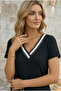 Women's Contrast Stripe Detailed V-Neck Wrinkled Stylish Blouse - 4