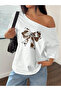 Women's Bow Printed Boat Neck Off Shoulder 100% Cotton T-Shirt - 3