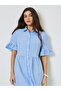Blue Ruffle Sleeves Shirt Knee-Length Dress