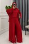 Women's Cupra Pike Long Cardigan Blouse Wide Leg Pants 3-Piece Abaya Set 3205 Red - 4