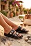 Women's Black Stone Buckle Double Strap Daily Slippers Orthopedic Comfortable Non-Slip Sole