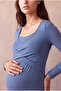 Maternity Blue Viscose Crew Neck 3/4 Sleeve Midi Dress with Inner Undershirt and Breastfeeding Feature Frances - 2