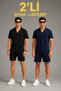 Men's 2-Piece Crepe Fabric Pocket Shirt Shorts Set Short Sleeve Lace-Up - Black - Navy Blue