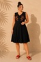 Women's Black Plus Size V-Neck Front Embroidered Buttoned Sleeveless Flared Viscose Flexible Short Dress - 5