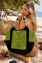 Women's Black-Green Handmade Straw Beach Bag - 3