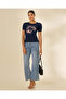 Women Navy Printed Rib T-Shirt - 2