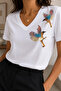 Women's White V-Neck Shoulder 2 Bird Sequin Embroidered 100% Cotton Combed Fabric Short Sleeve Blouse