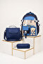 Boy's Korean Style Kawaii 3-Piece School Bag Set with Teddy Bear, Blue Navy Blue